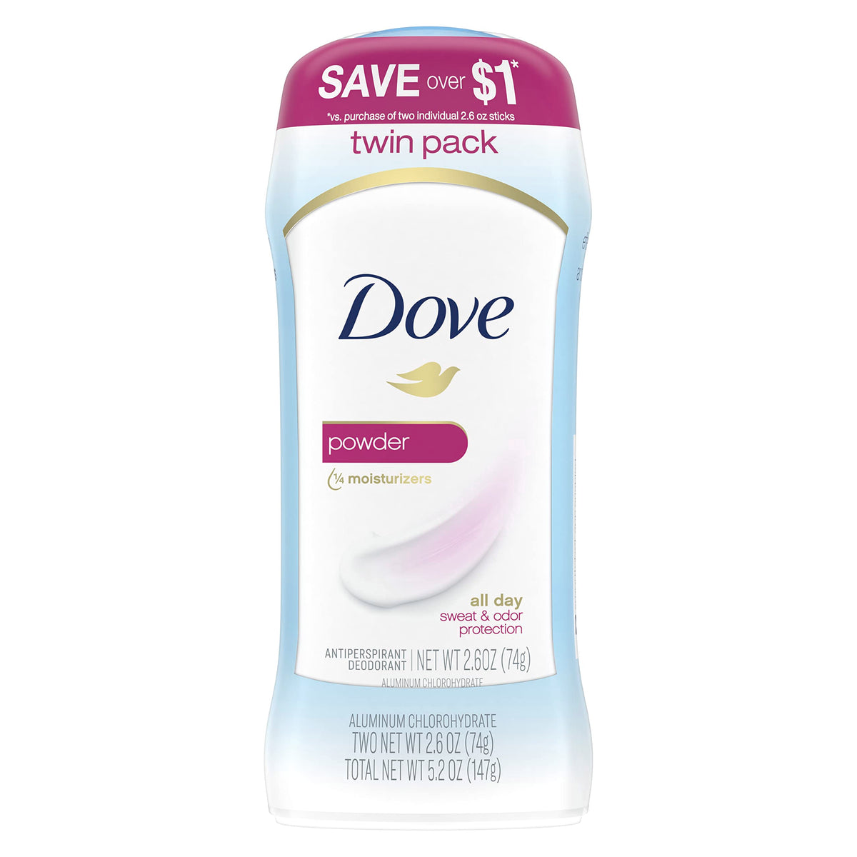 Dove Invisible Solid Antiperspirant Deodorant Stick, Powder, 2.6 Oz, 2 Count, All-Day Protection