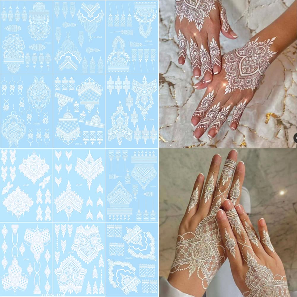 Xmasir White Henna Tattoo Kit - 12 Waterproof Temporary Stickers For Weddings & Parties