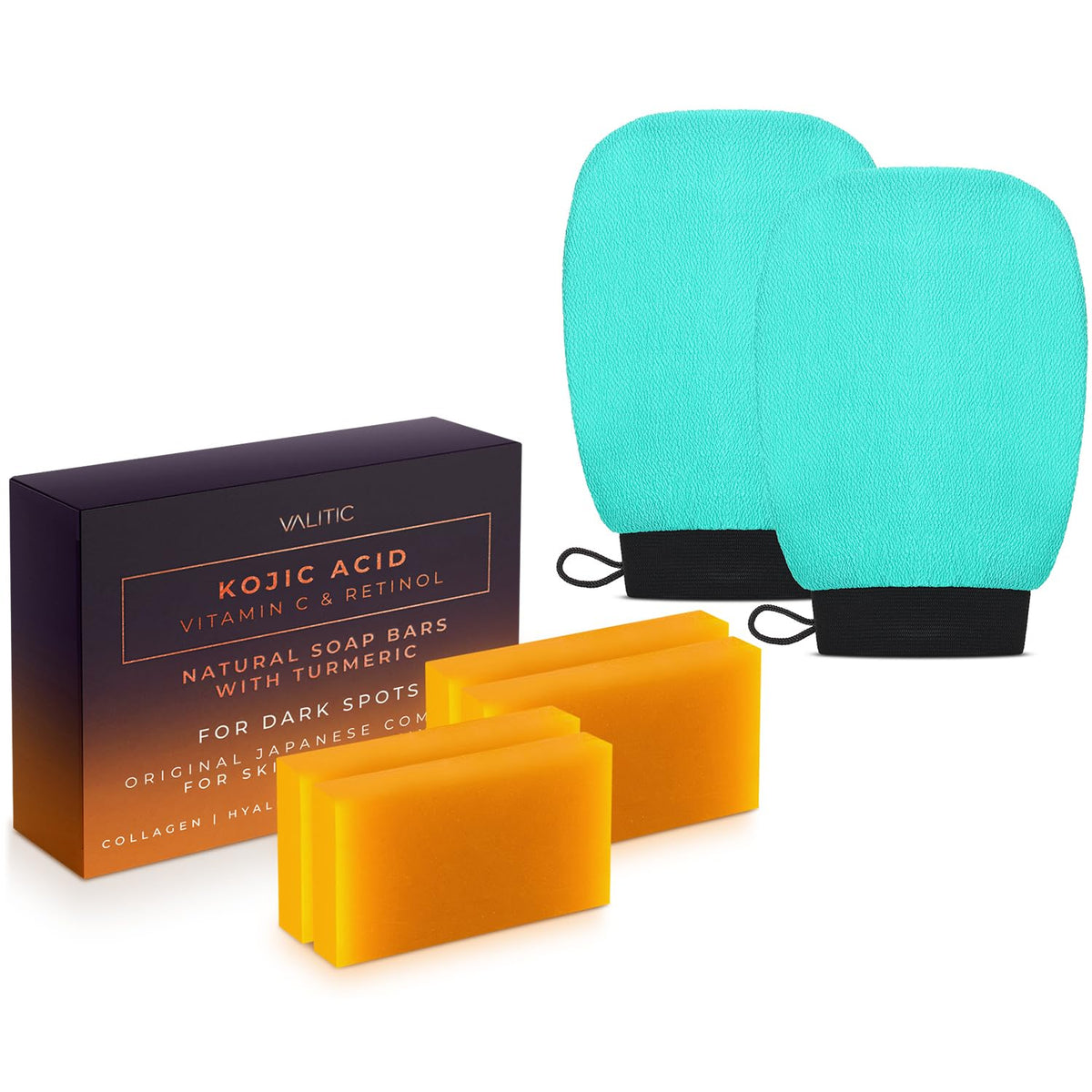 Valitic Kojic Acid & Vitamin C Soap Bars 4 Pack With Exfoliating Gloves For Dark Spots