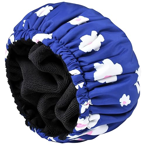 Aileam Large Blue Waterproof Shower Cap for Women - Terry Lined, Reusable, Elastic Band