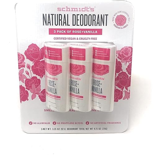 Schmidt's Natural Deodorant, Aluminum-Free & Vegan, Rose-Vanilla, 3 Pack, 3.25 oz