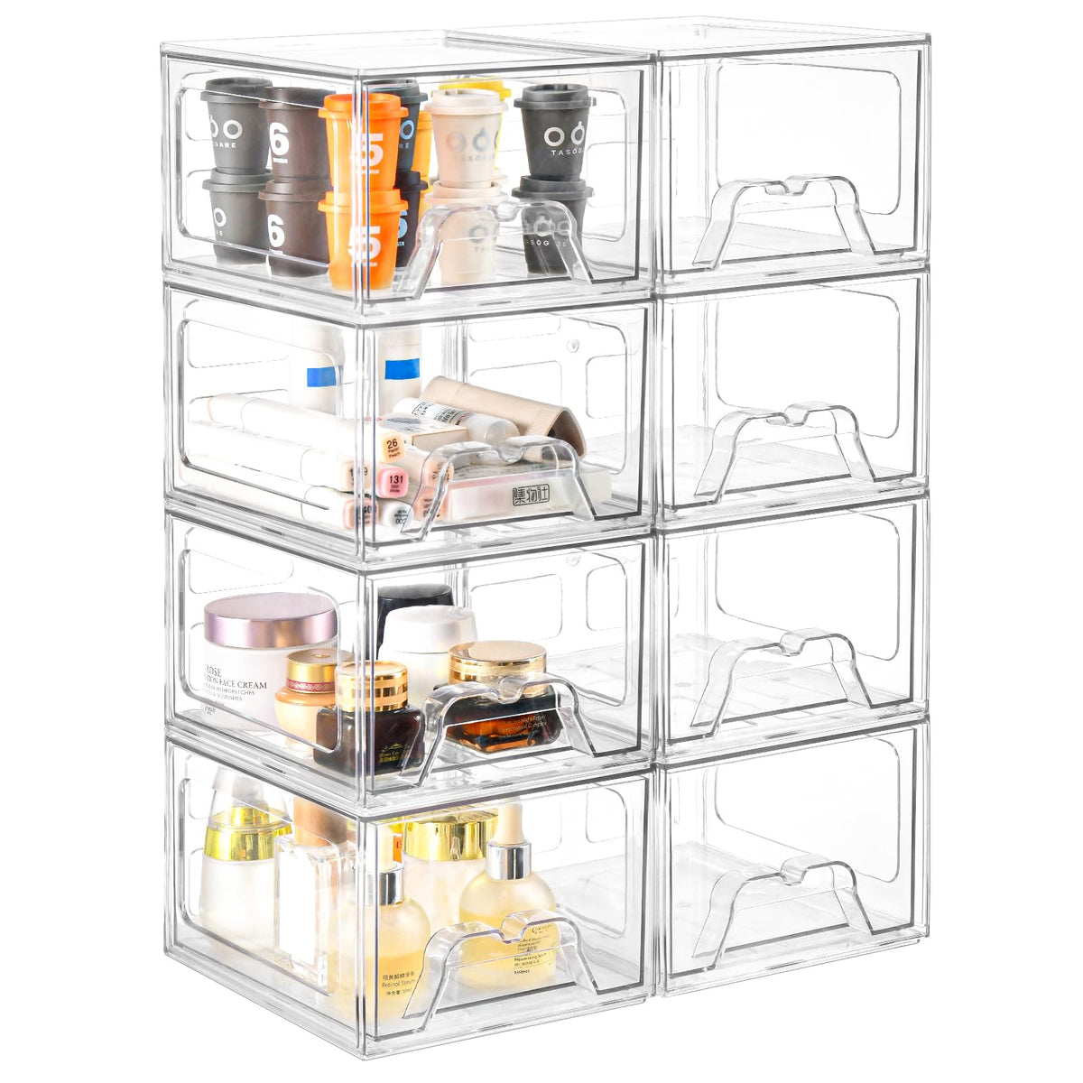 Stebopum 8 Pack Stackable Acrylic Makeup Organizer With Pull-Out Handle - Clear Storage Bins