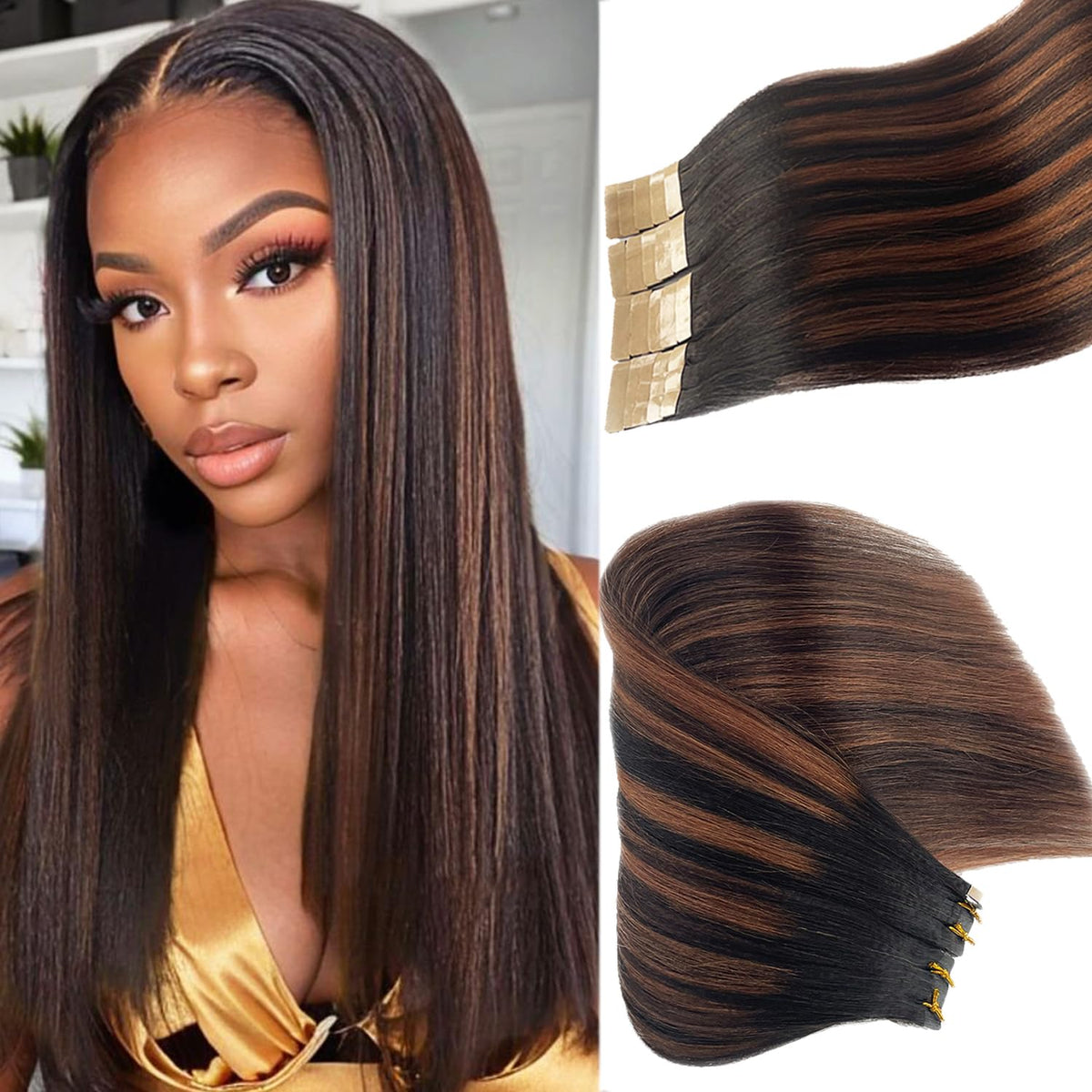 Benafee Yaki Seamless Tape In Hair Extensions 16” - Natural Black To Chocolate Brown Balayage