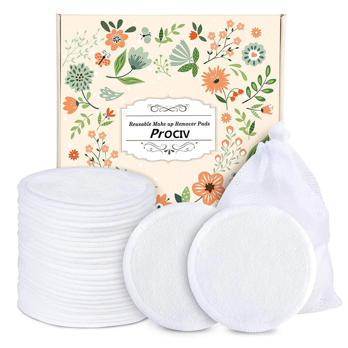 Prociv Organic Cotton Reusable Makeup Remover Pads - 16 Washable Rounds & Laundry Bag