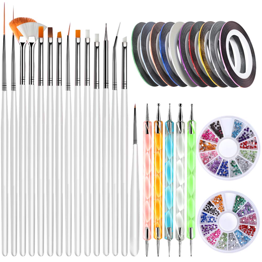 Teenitor Nail Art Brush Set - 32 Pieces With Gel Brushes, Dotting Pens & Rhinestones, White