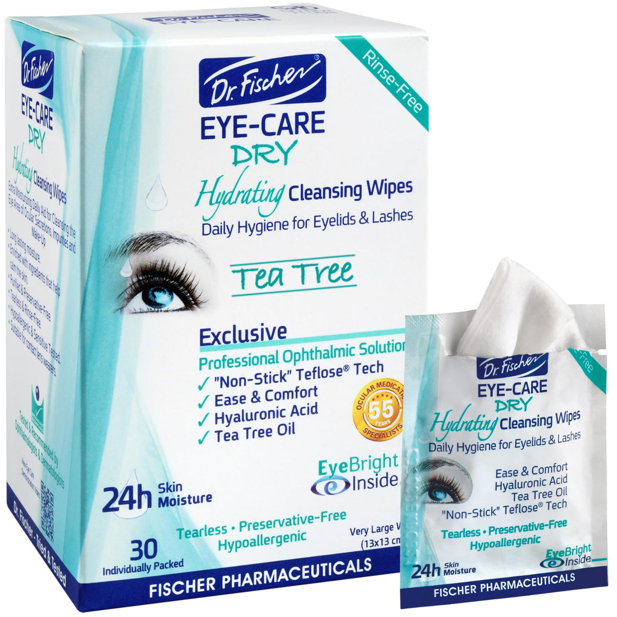 Dr. Fischer Tea Tree Eyelid Wipes - Hypoallergenic Relief For Allergy & Tired Eyes, 30 Count