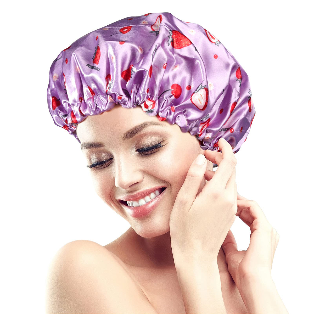 Fishent Reusable Waterproof Shower Caps For Women, Kids & Adults - Adjustable Double Layer, Purple Strawberry