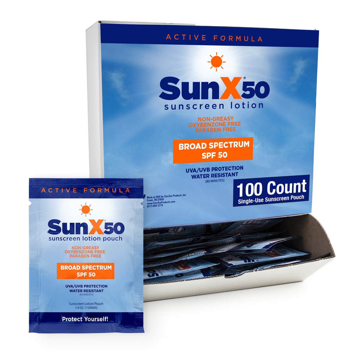 Coretex Sunscreen Packets Spf 50 - 100 Count, Paraben & Oxybenzone Free, Water Resistant