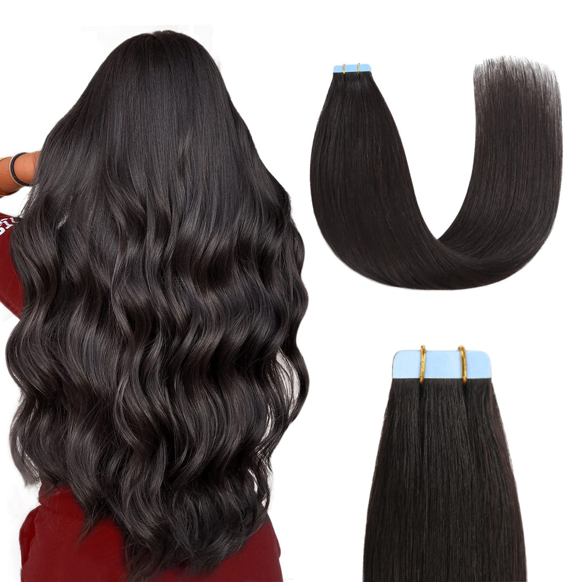 Sunya 12&quot; Tape In Hair Extensions - 100% Human Hair, Natural Black #1B, Seamless Weft, 