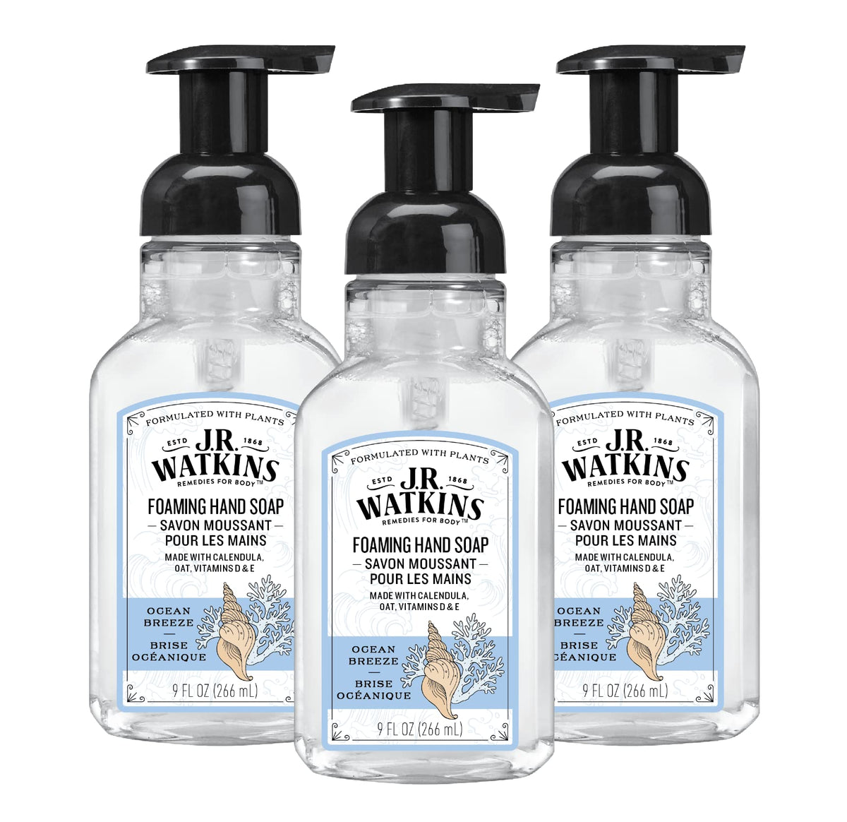 J.R. Watkins Ocean Breeze Foaming Hand Soap, Alcohol-Free, 9 Oz, 3 Pack, Cruelty-Free