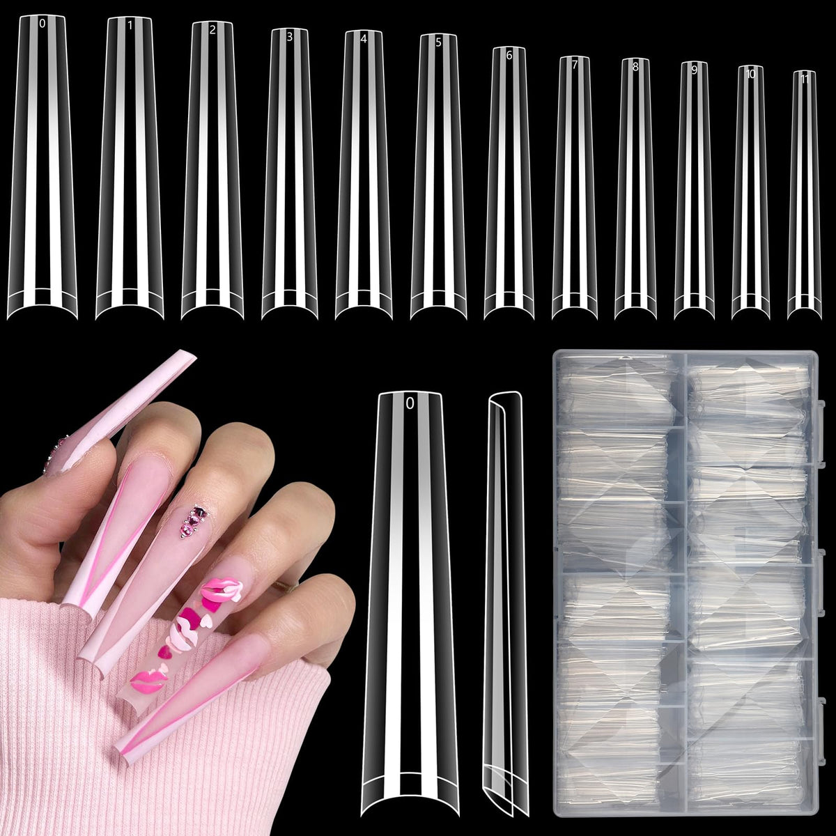 Lionvison 3Xl Clear Coffin Nail Tips - 504Pcs Extra Long Tapered Square For Acrylic Nails