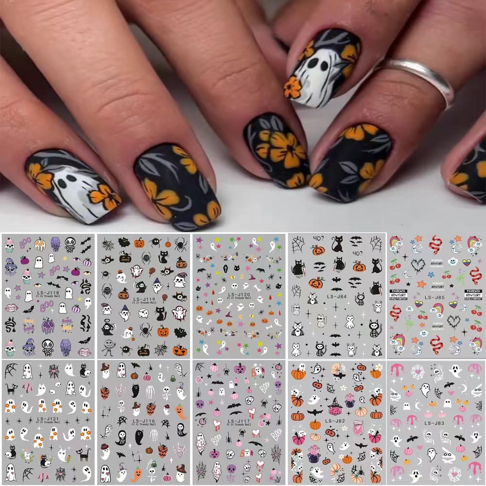 Ctthnbd Halloween Nail Art Stickers - 10 Sheets Ghosts, Pumpkins, Bat & Spider Web Designs