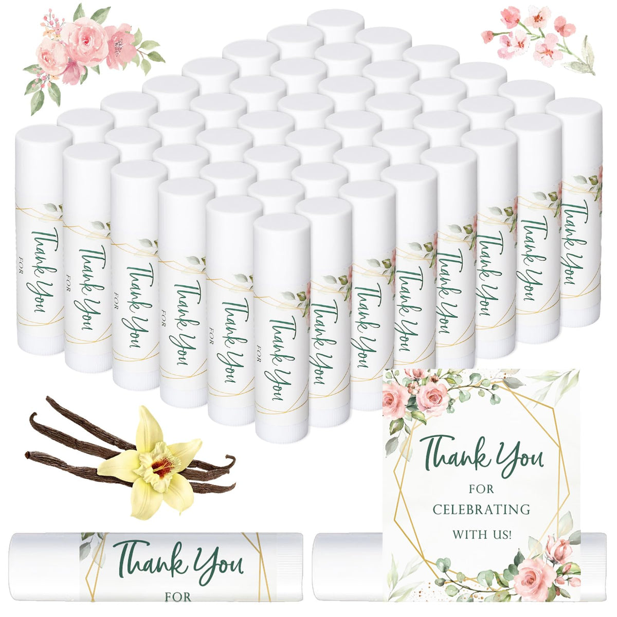 Whaline 60Pcs Vanilla Lip Balm Wedding Favors - Moisturizing Floral Gift For Parties