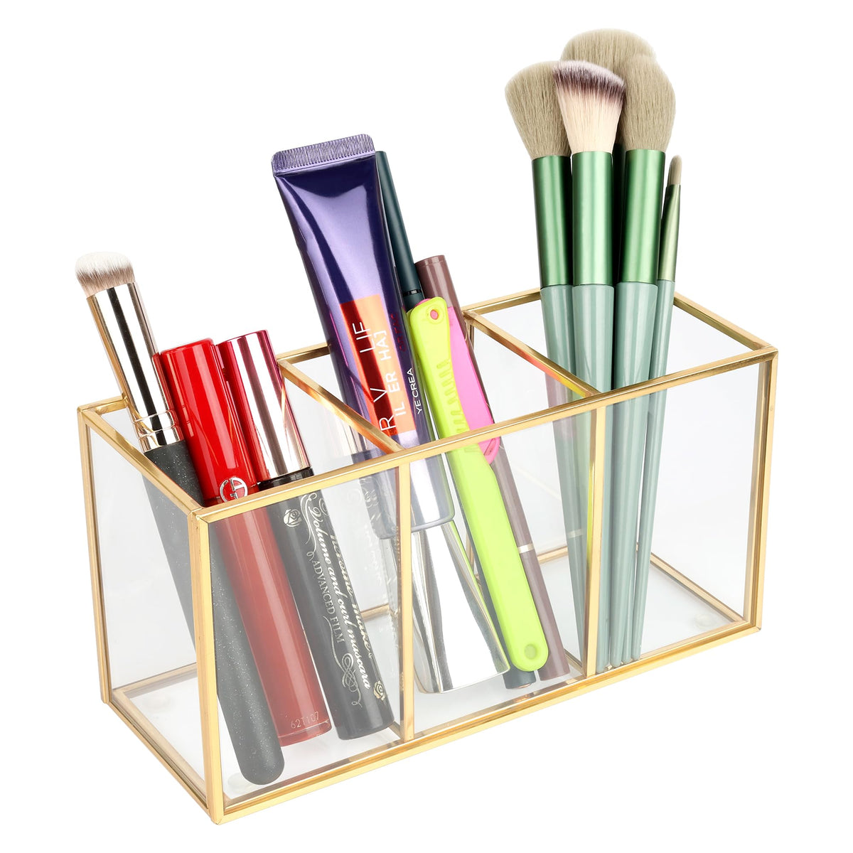 Elegantlife Gold Glass Makeup Brush Organizer - 3 Section Luxury Storage For Bathroom Decor