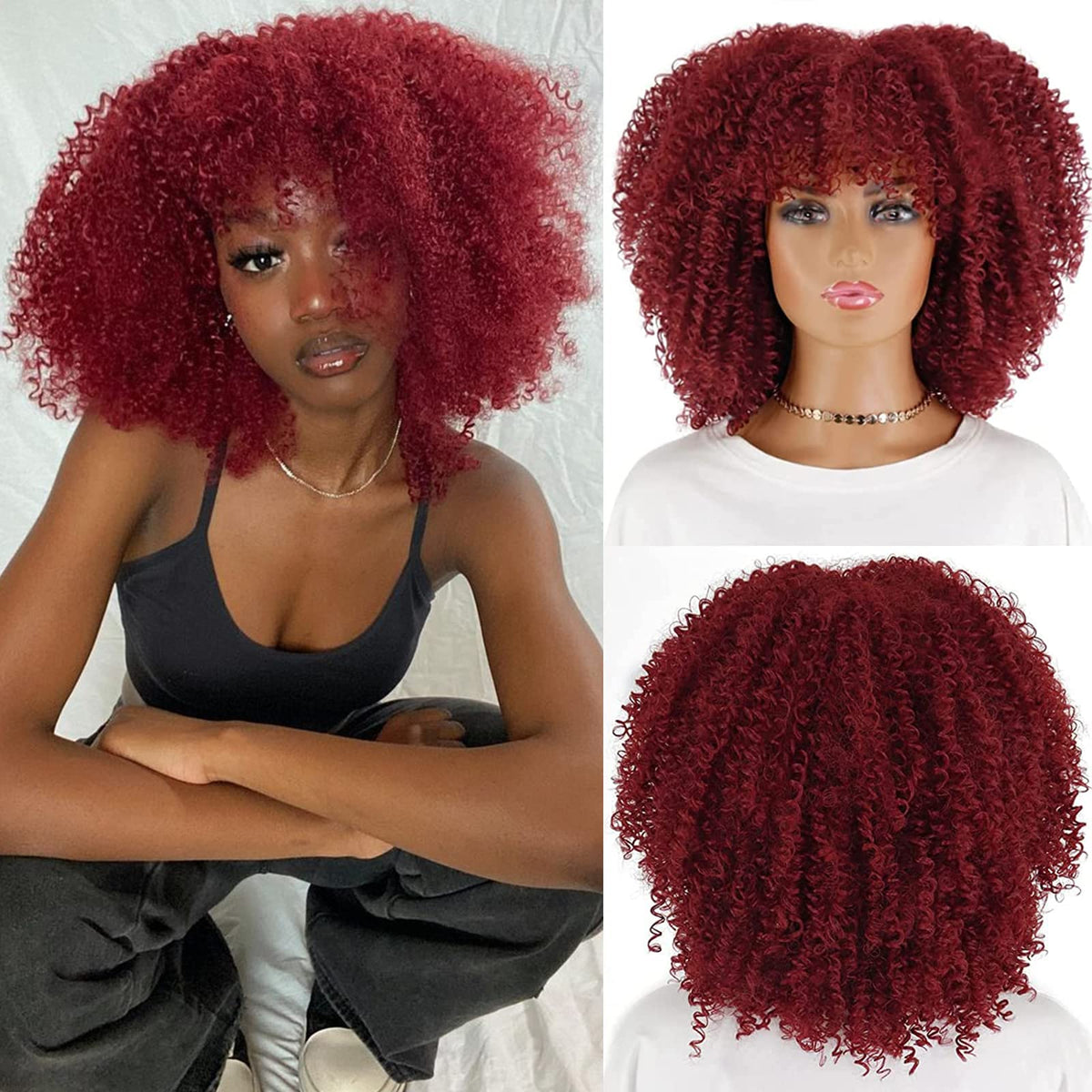 Linghang Wine Red Short Curly Wig For Black Women - Afro Kinky Synthetic Wig With Bangs