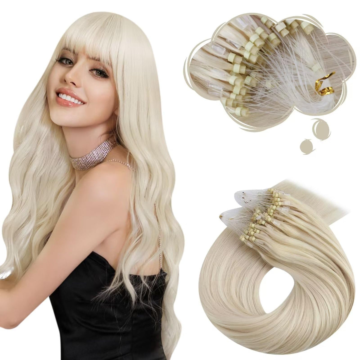 Moresoo Blonde Microlink Hair Extensions, 16In Human Hair, Platinum #60, Micro Loop Beads