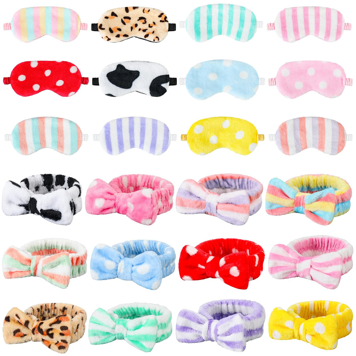 Xuhal 24 Pcs Spa Party Favors - Soft Makeup Headbands & Sleep Masks For Women, Dots & Stripes