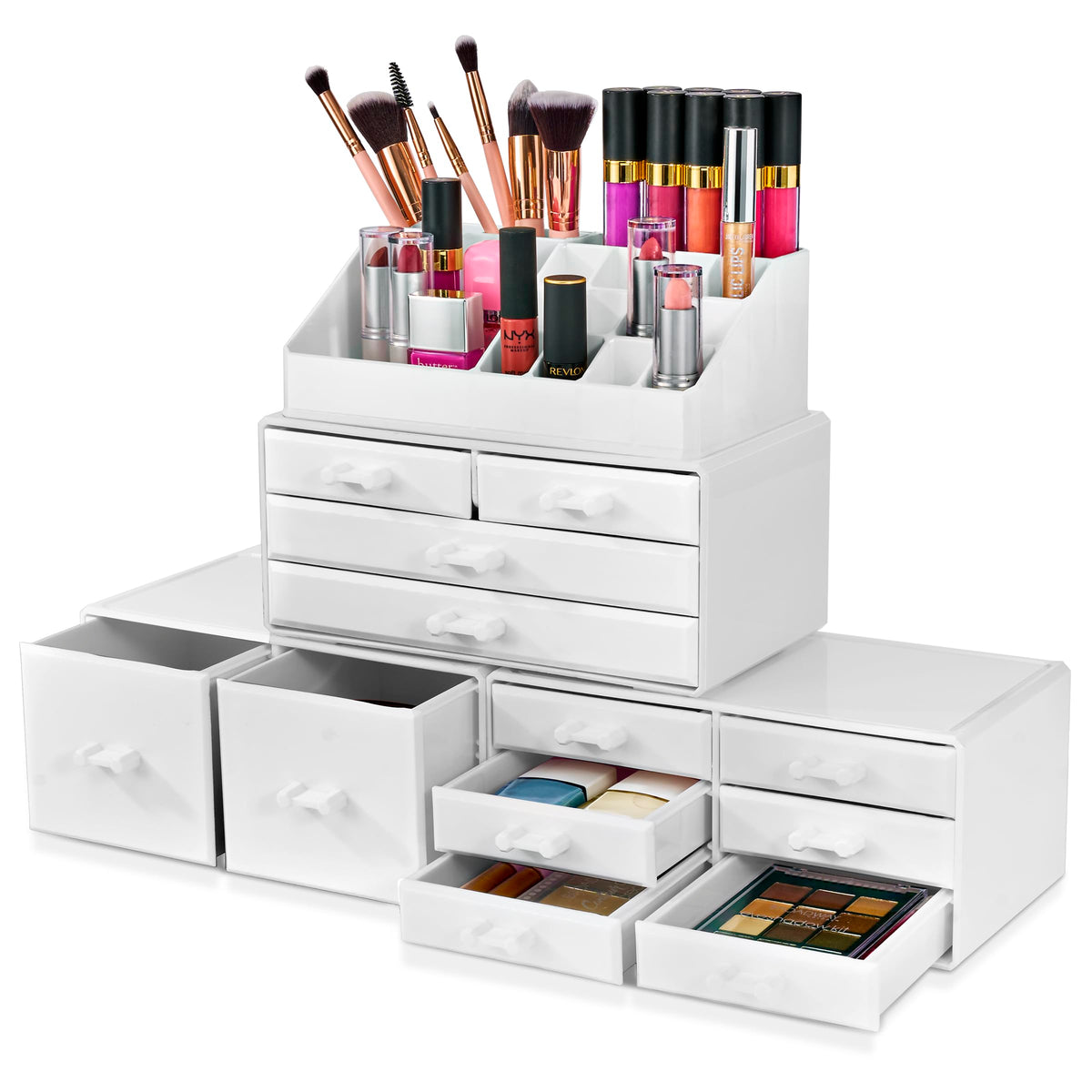 Sorbus Large White Makeup Organizer - Stackable 12 Drawer Acrylic Storage For Vanity & Bathroom