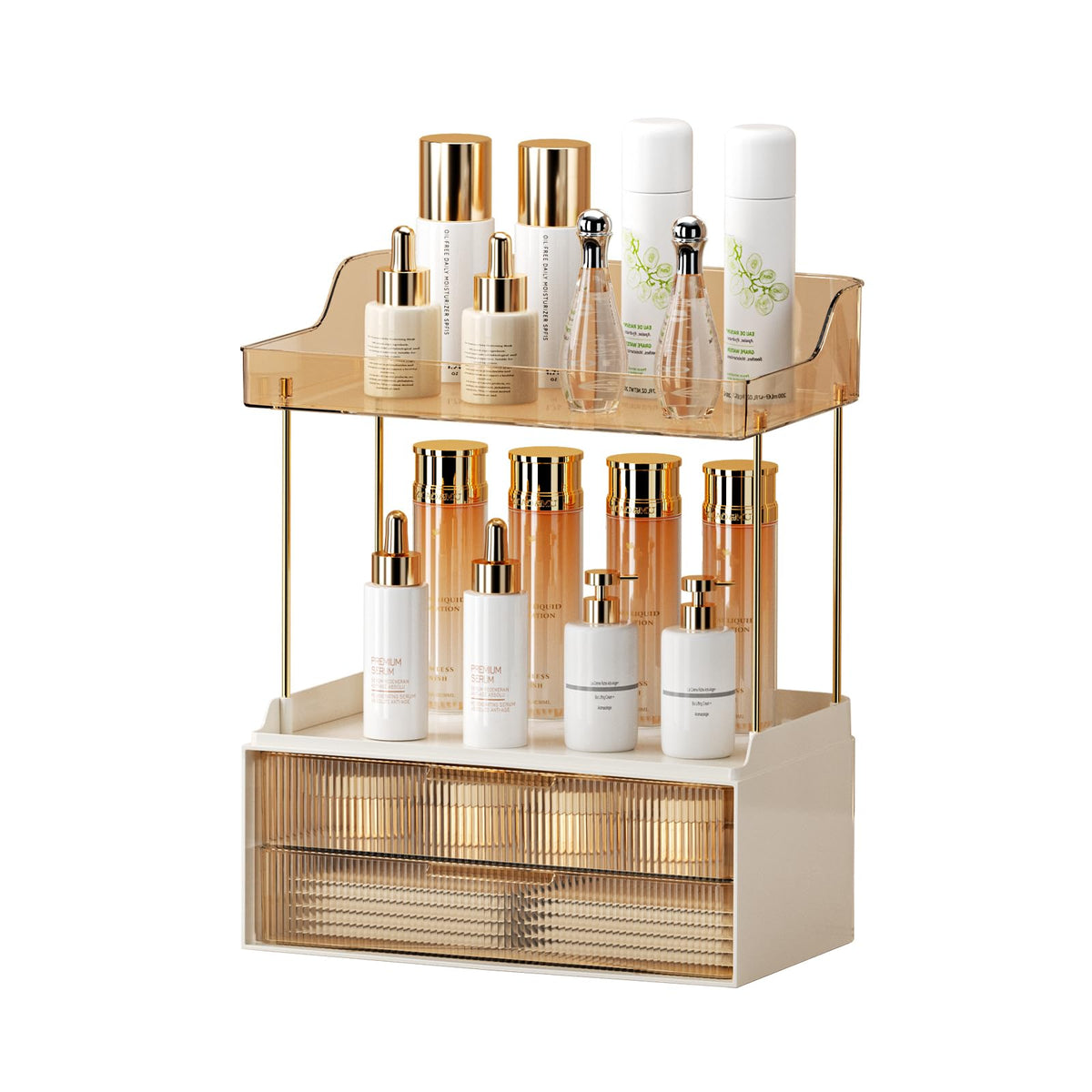 Weidace Gold 2-Tier Makeup Organizer - 2-Drawer Bathroom Counter Storage Rack For Vanity