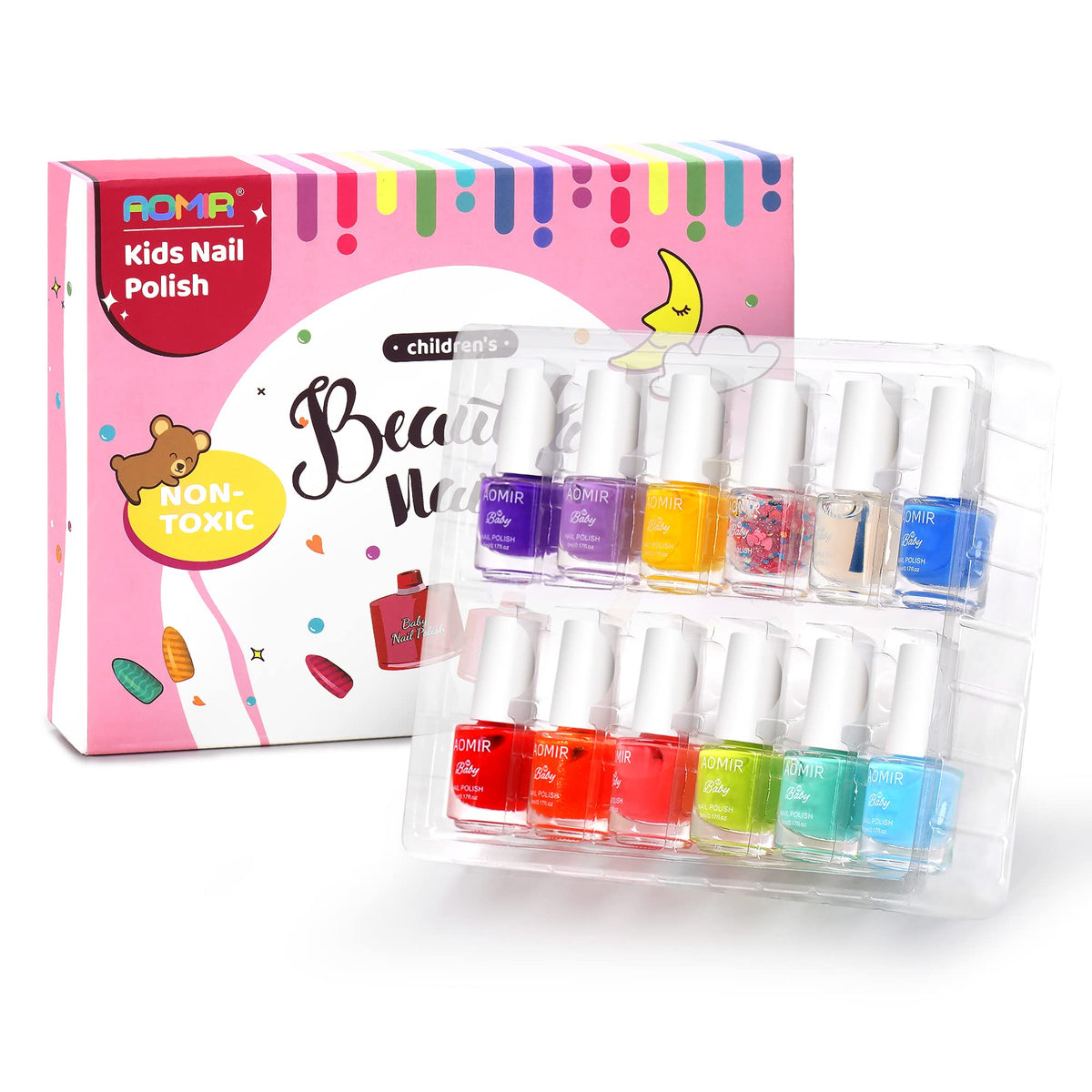 Aomir Kids Nail Polish Set - Non-Toxic, Water-Based, Quick Dry, 11 Colors + 1 Coat, Ages 