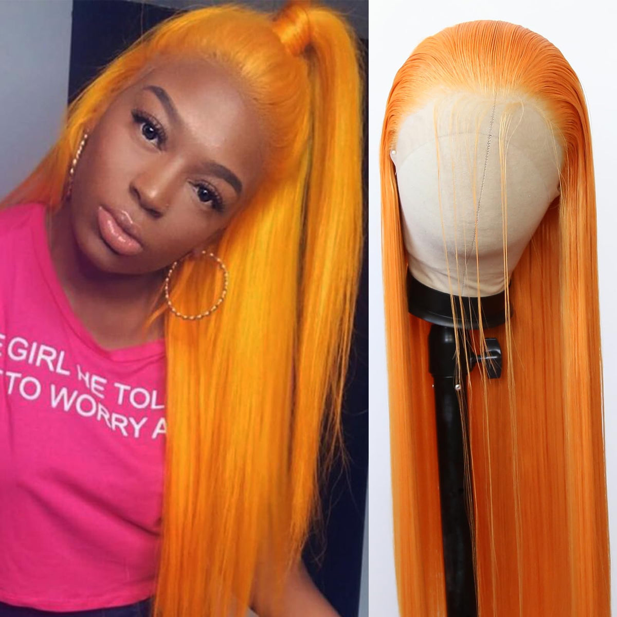 BTWTRY Orange Synthetic Lace Front Wig - Long Straight Heat Resistant Fiber for Fashion Women