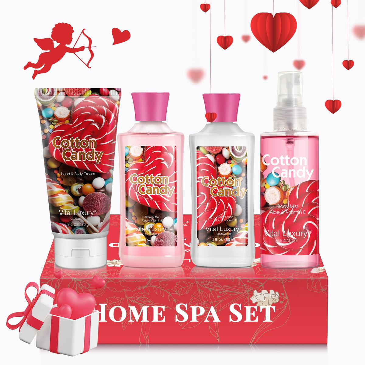 Vital Luxury Cotton Candy Bath & Body Kit - 4Pc Spa Set With Lotion, Shower Gel, Cream, Mist