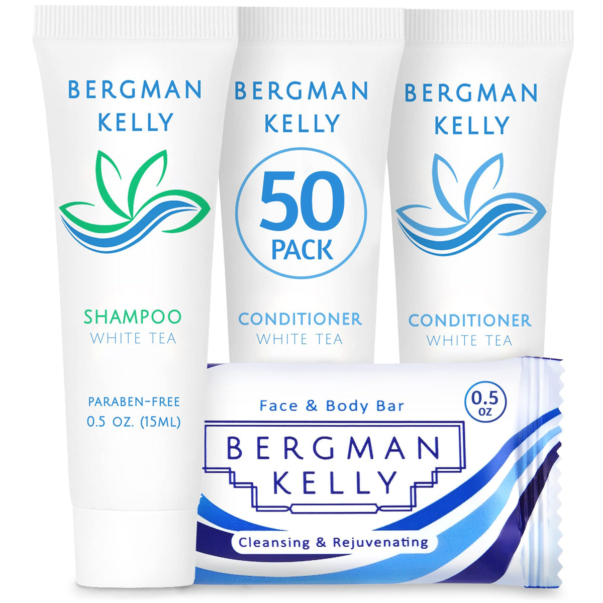 Bergman Kelly 50-Pack Rectangular Hotel Soap, Shampoo & Conditioner Set - White Tea, 0.5 Oz Each