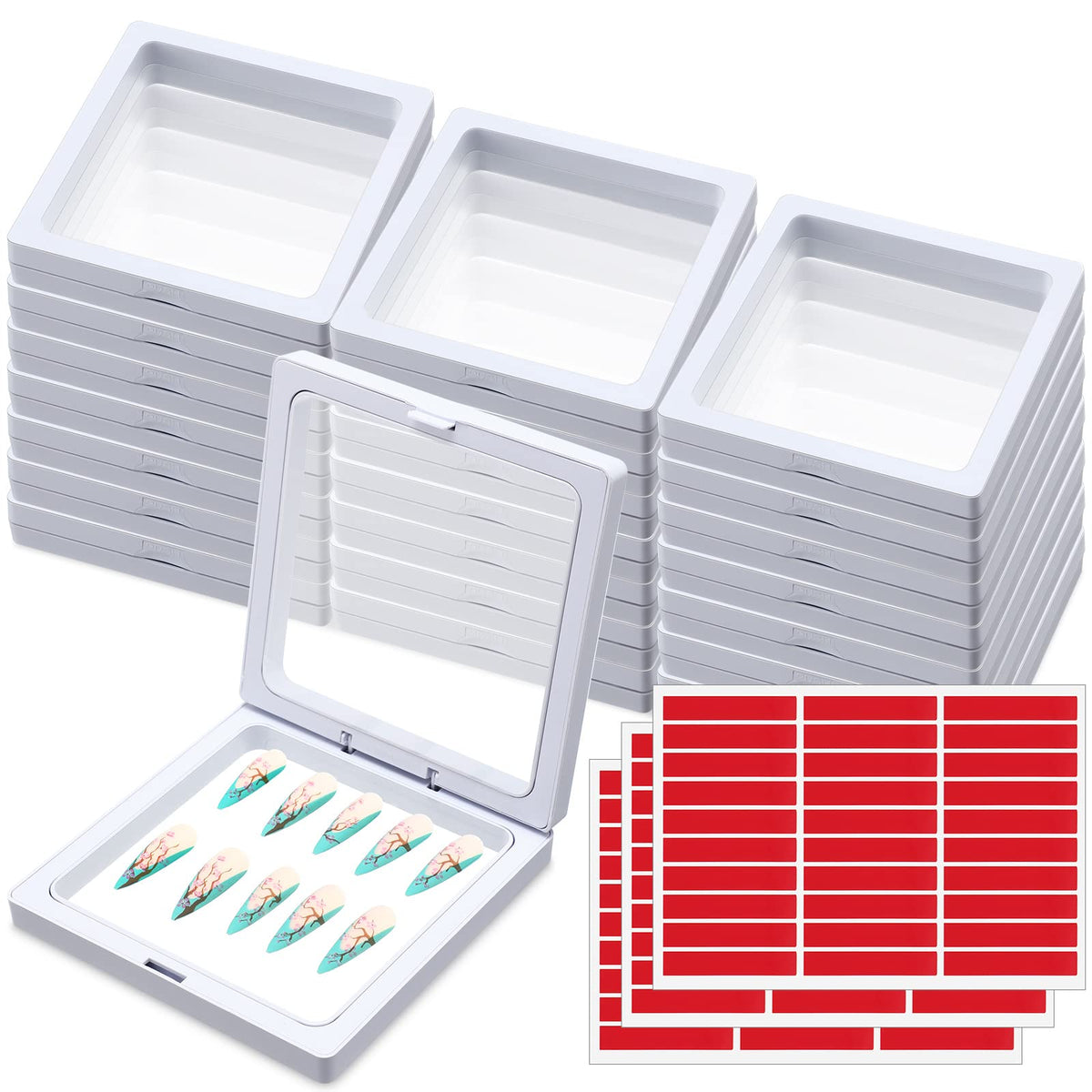 Meekoo 30 Pcs Press-On Nail Box With 90 Pcs Double-Sided Tape - White Acrylic Organizer