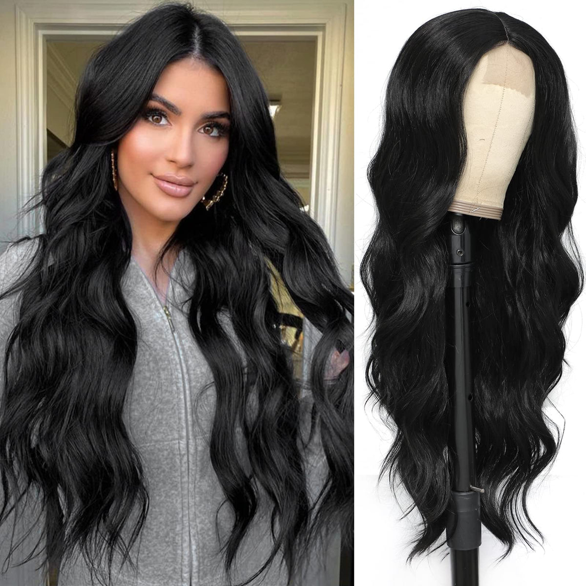 xccoco 30&quot; Long Wavy Black Synthetic Lace Wig - Heat Resistant Body Wave for Daily Wear