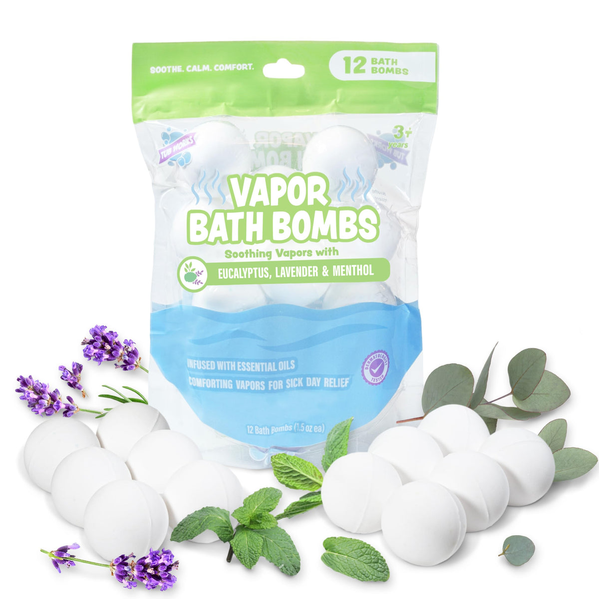 Tub Works® Vapor Bath Bombs For Kids, 12 Pack | Calming Eucalyptus & Lavender Relief