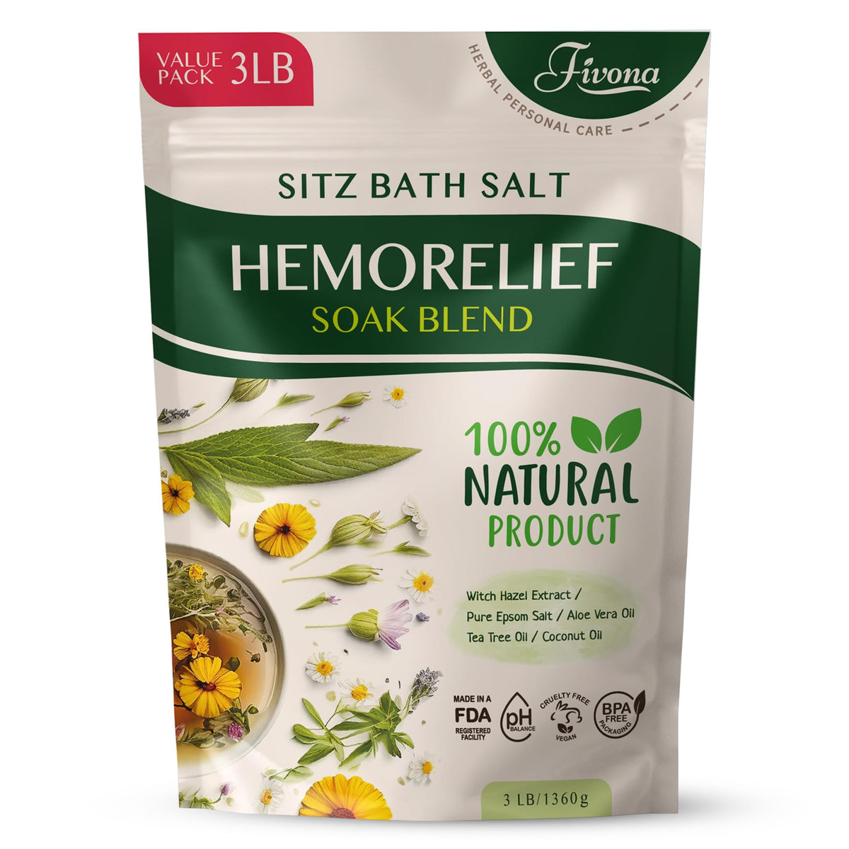 Fivona Sitz Bath Salts For Hemorrhoids, Epsom Salt Soak, 48 Oz, Natural Essentials Oils