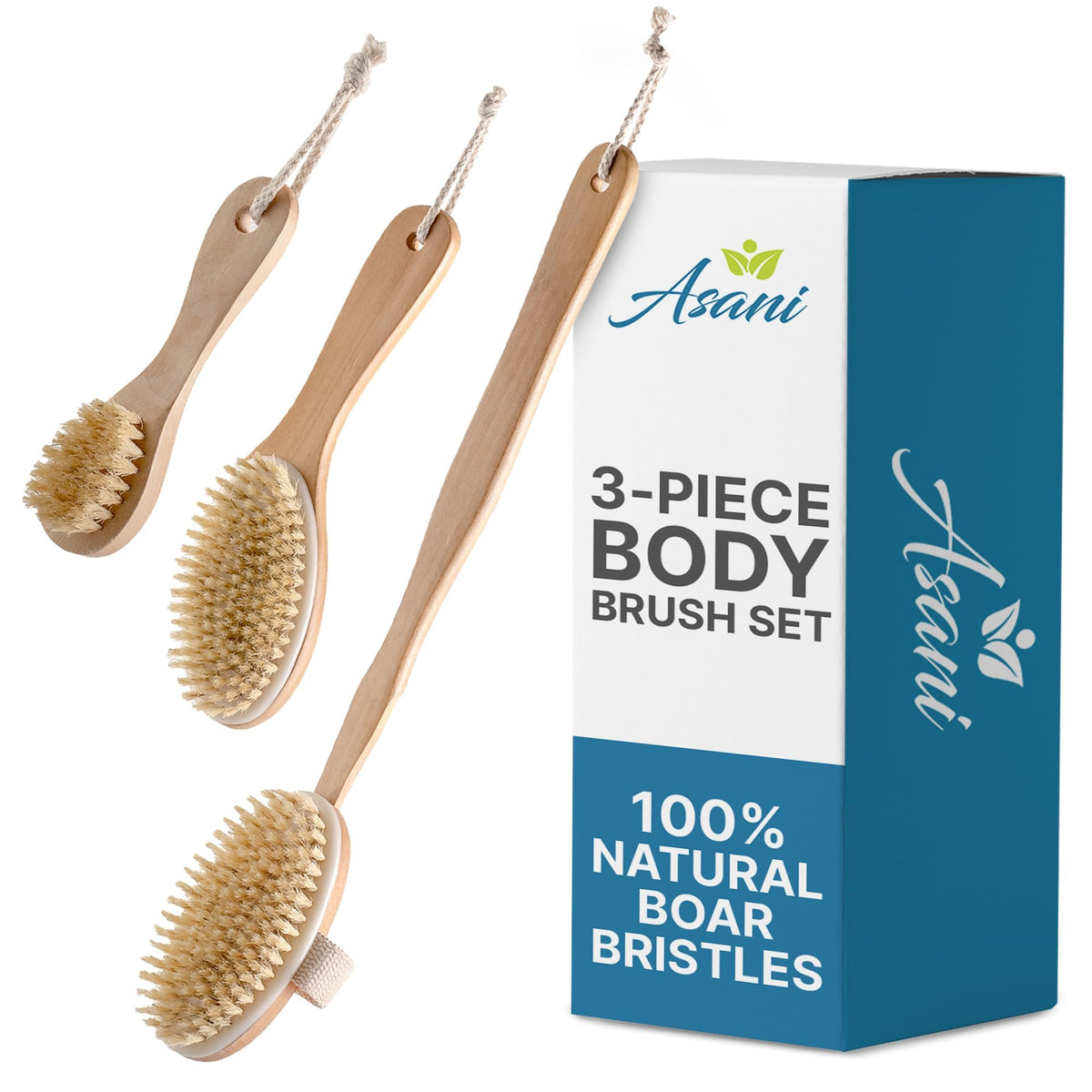 Asani Dry Brushing Body Brush Set - 3-Pcs For Lymphatic Drainage & Cellulite, Organic Gift