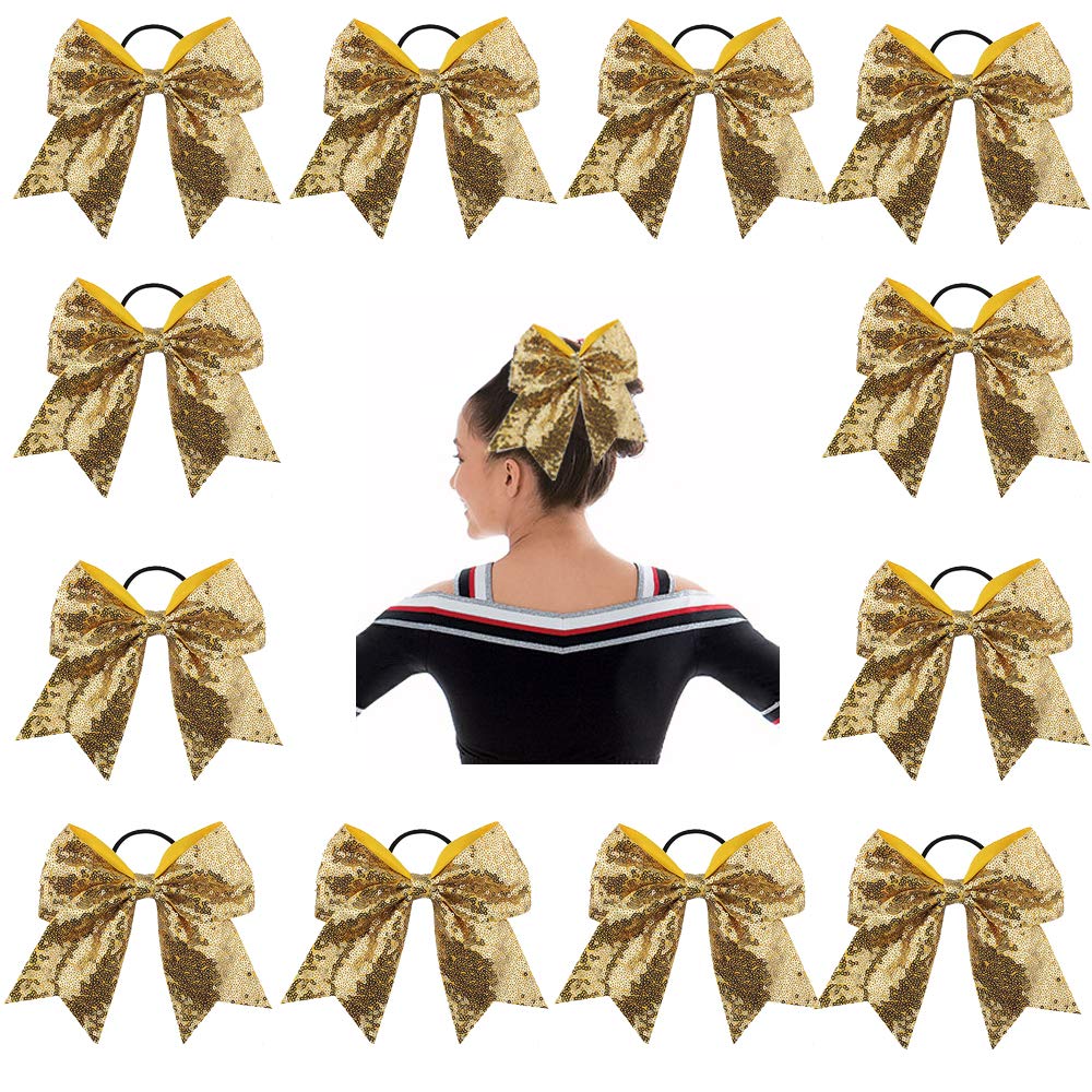 OAOLEER 12PCS Large Gold Glitter Cheer Hair Bows for Girls - Elastic Ponytail Holders