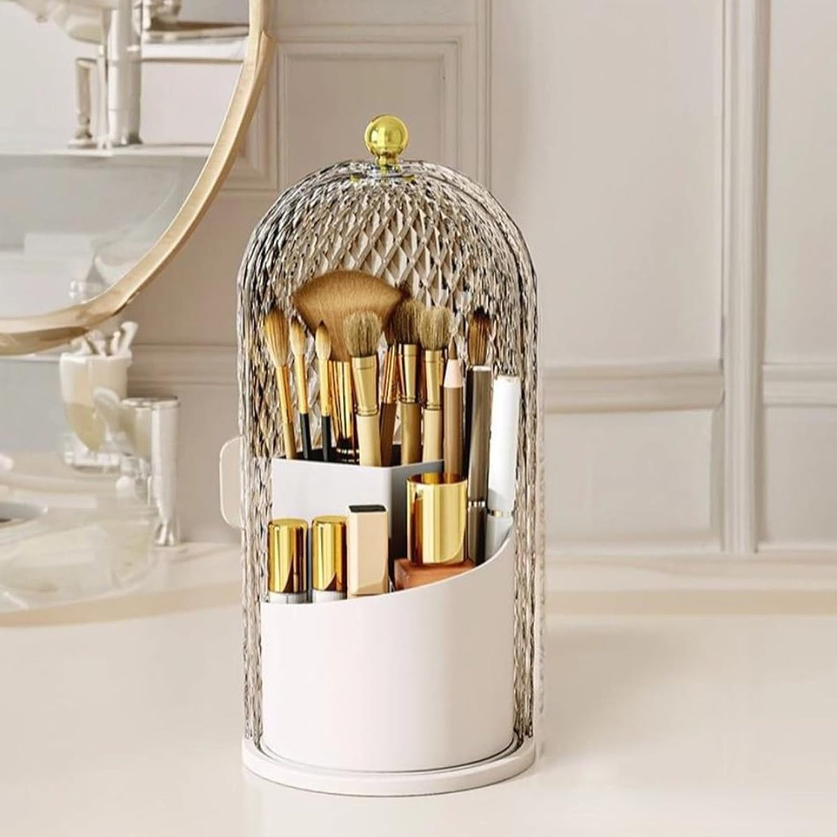 Siehpa3 White Makeup Brush Holder Organizer - 360° Rotating, Dustproof, Clear Cover For Vanity