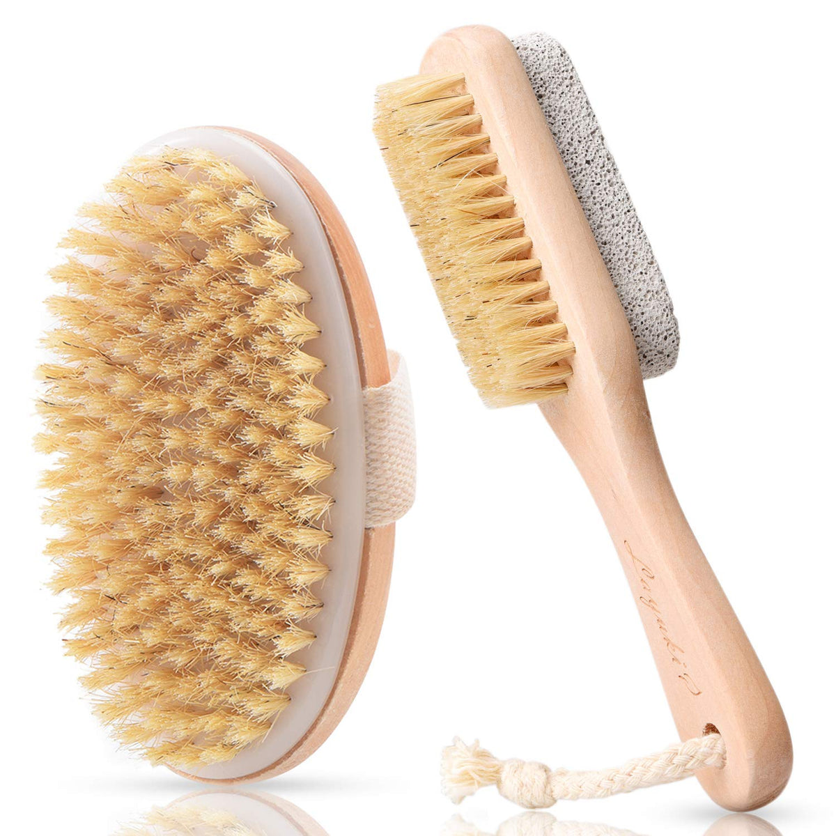 Layuki 2-Piece Body Brush Set For Dry/Wet Brushing & Foot File Scrubber - Exfoliate & Treat Cell