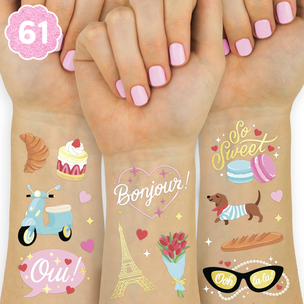 Xo, Fetti Paris Themed Temporary Tattoos - 61 Foil Styles For Birthday & Baby Shower Parties