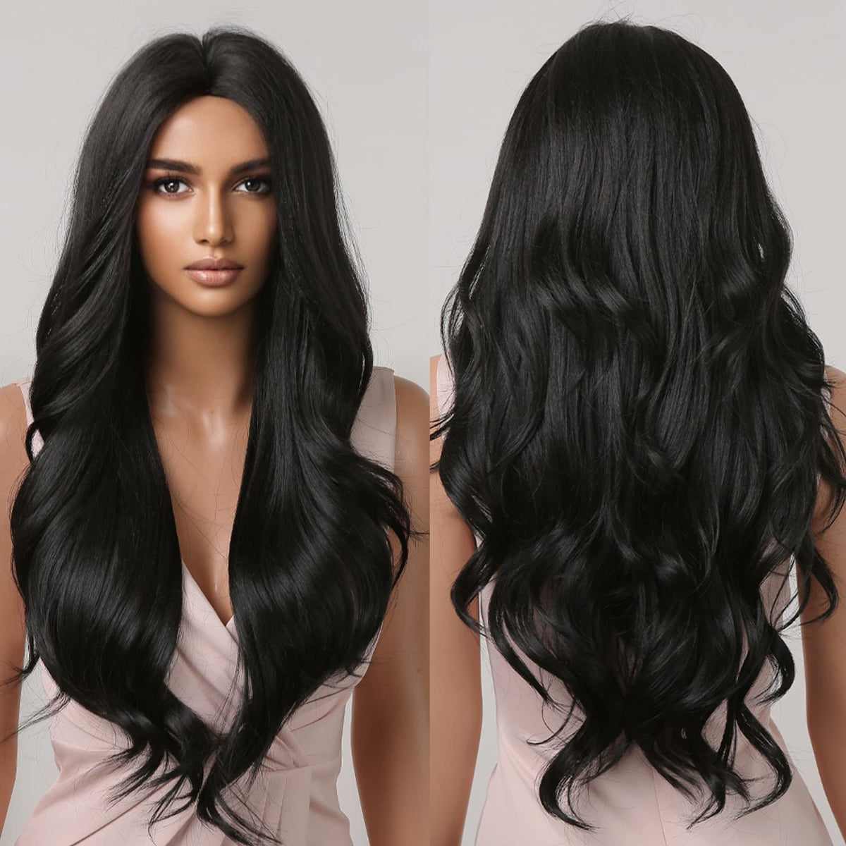 Allbell 28&quot; Long Curly Black Wig For Women - Natural Wavy Synthetic Middle Part Hair