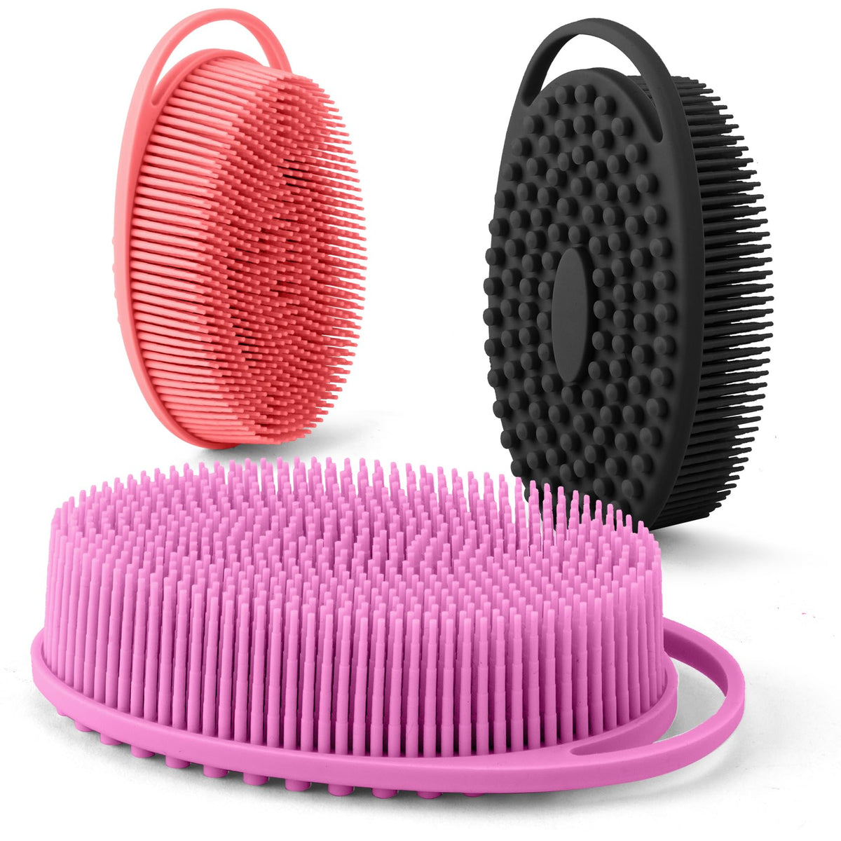 Wrnzl Silicone Body Scrubber Set - 3 Soft, Double-Sided Exfoliating Bath Brushes In Purple-Red-Black