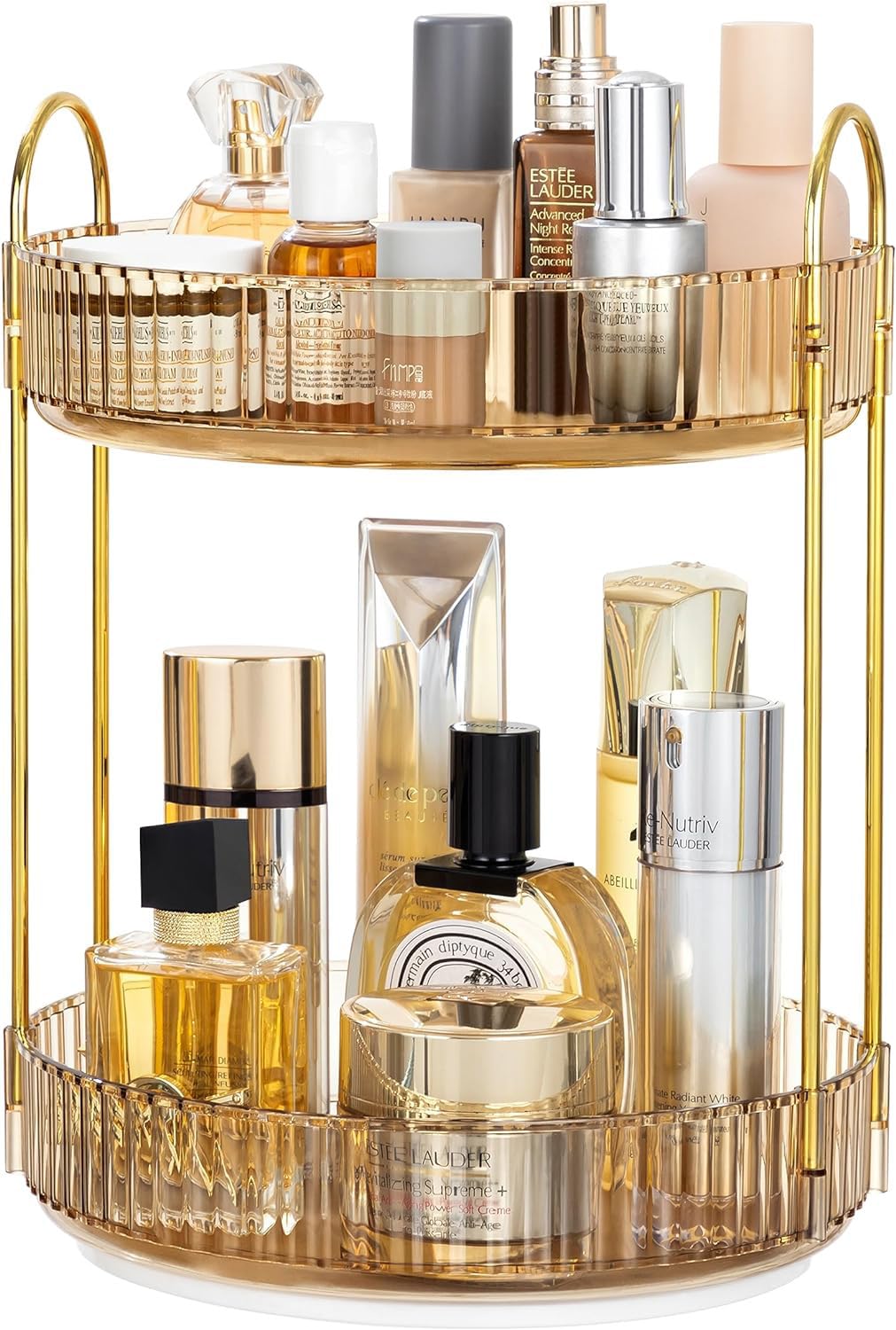 Vorey 360 Rotating Makeup Organizer - 2 Tier Skincare & Perfume Carousel, Clear Yellow