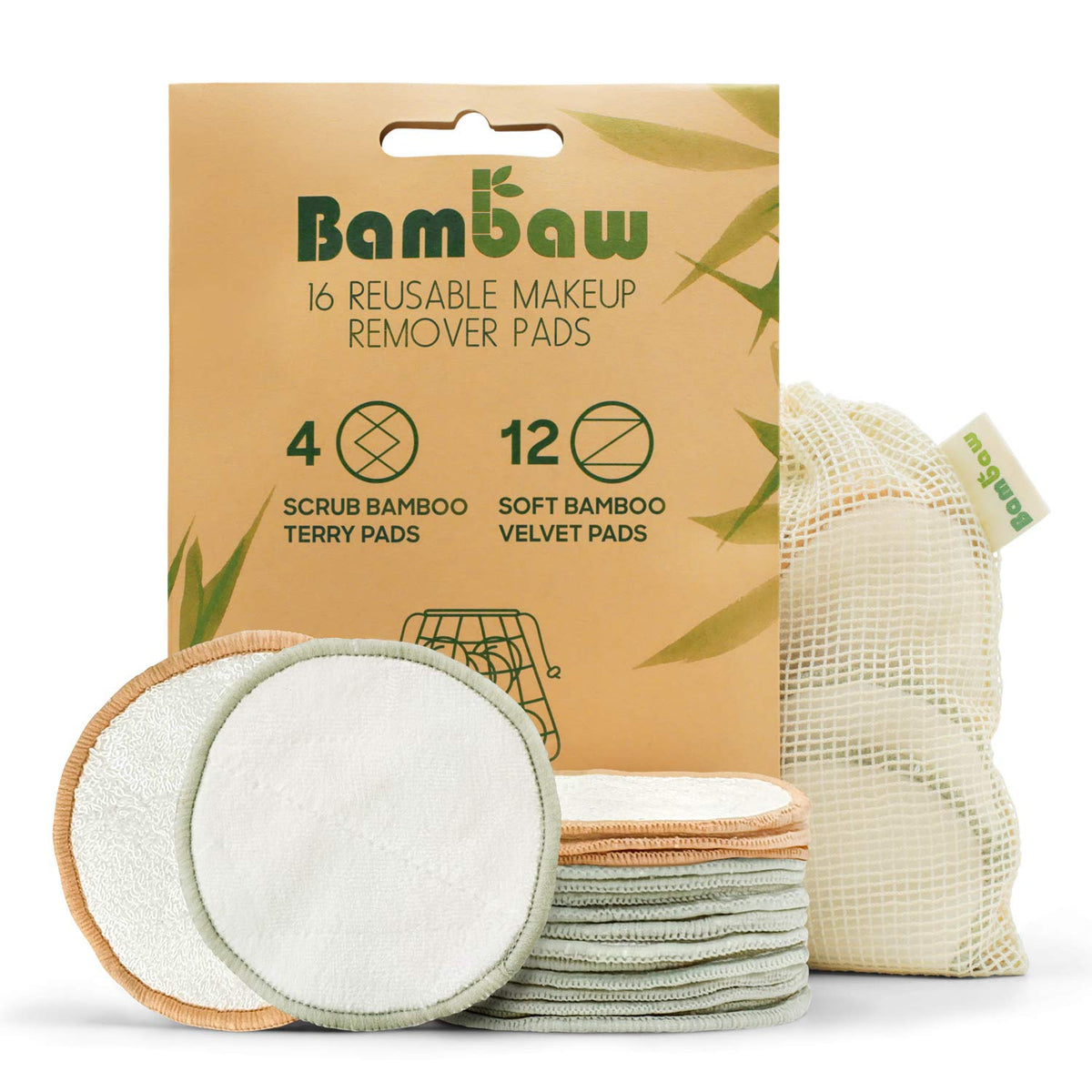 Bambaw Reusable Makeup Remover Pads - 16 Cotton Rounds + Laundry Bag - Eco-Friendly Beauty Essential