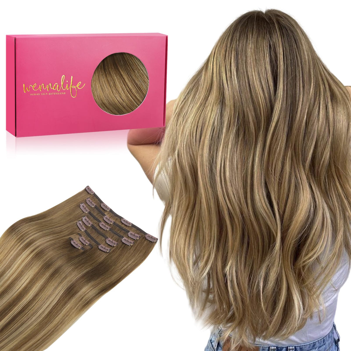 WENNALIFE 14&quot; Clip In Hair Extensions, 120g Real Human Hair, Balayage Chestnut Brown/Dirty Blonde