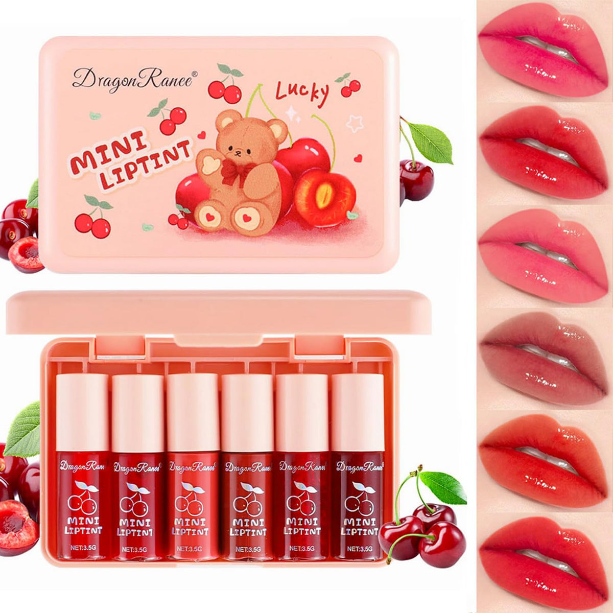 Yishifa Cherry Lip Tint Stain Set - 6 Colors, Waterproof, Multi-Use Lip & Cheek Tint, 1.