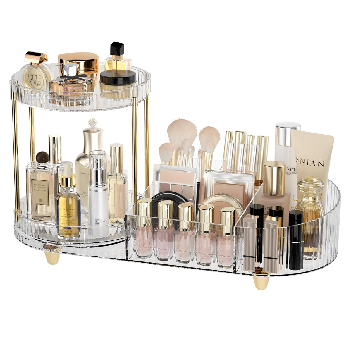 Lulltou Clear Rotating Makeup Organizer - 2-In-1 Cosmetic Storage Holder For Vanity & Bathroom