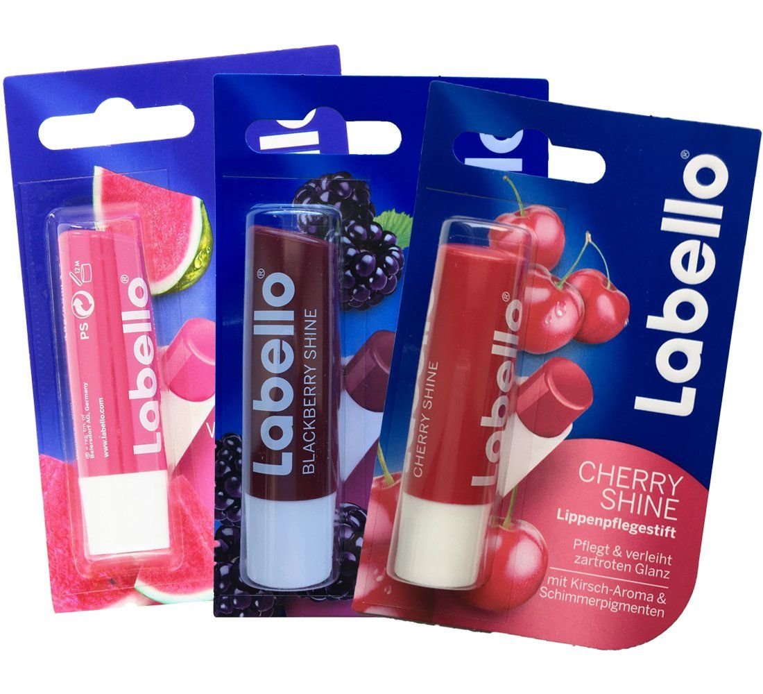 Labello Lip Balm Bundle - Watermelon, Blackberry & Cherry Shine - 3 Count