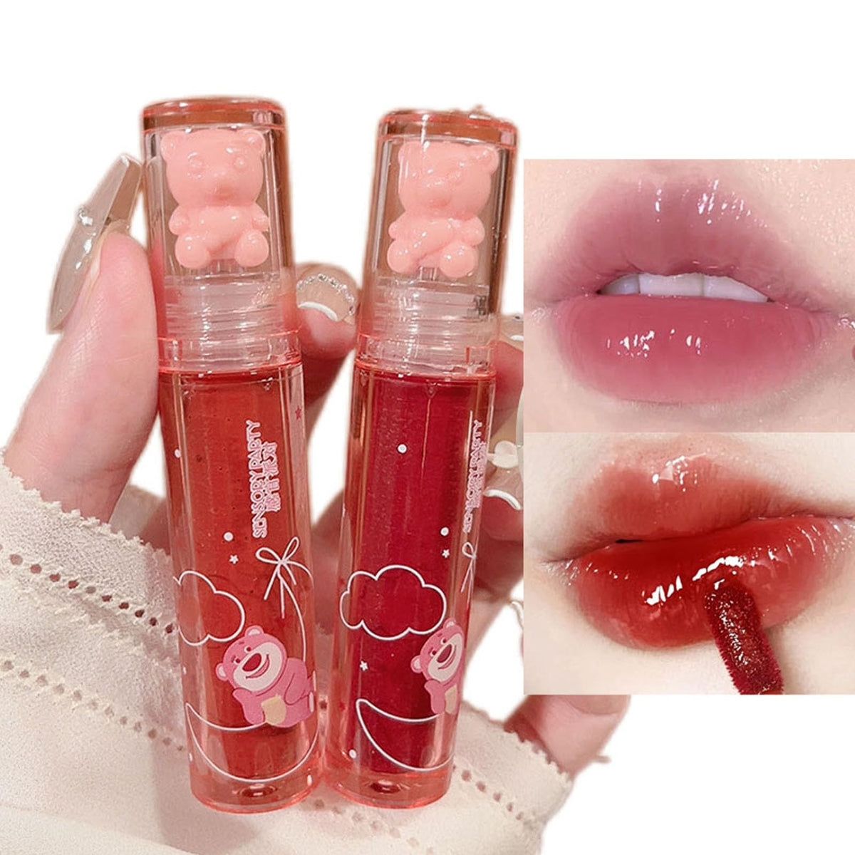 Etuanxi 2Pcs Bear Lip Glaze Jelly Lipstick - Waterproof Long Lasting Lip Stain & Cheek Rouge