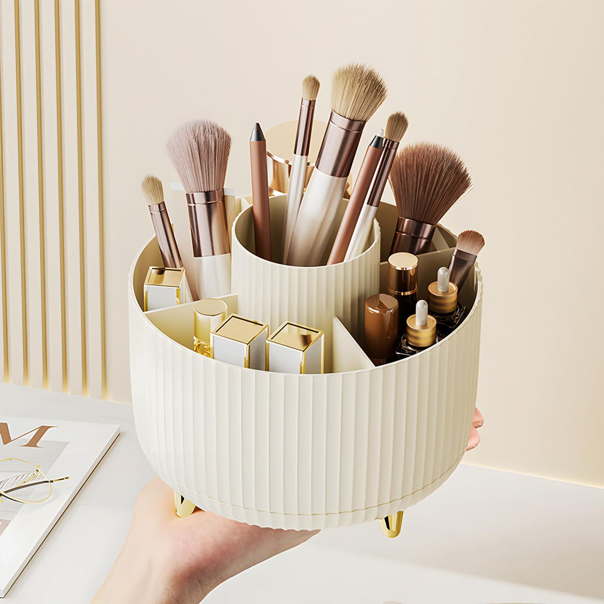 Diesisa 360° Rotating Makeup Brush Holder Organizer - Cream, 5 Slot For Brushes & Cosmetics