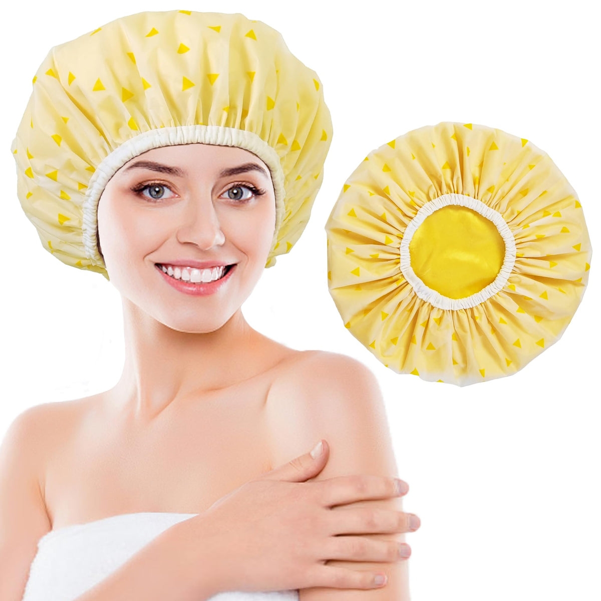 Choshion Large Waterproof Shower Cap For Women - Satin Lined, Reusable, Yellow Triangle