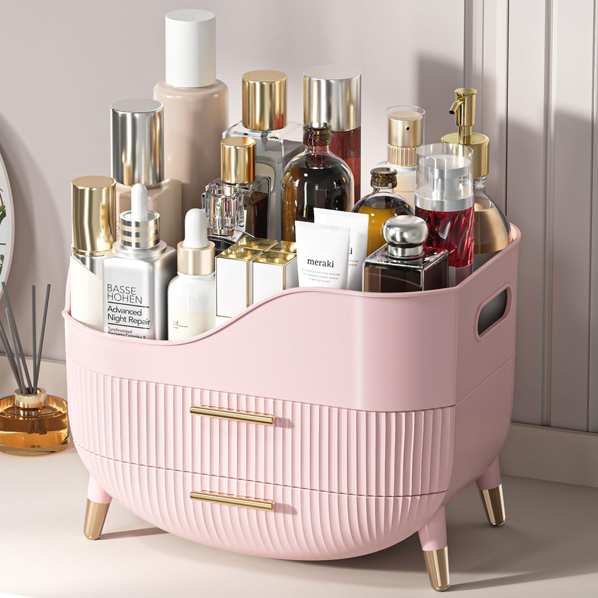 Ygjt Pink Makeup Organizer With 2 Drawers - Large Capacity Skincare Storage For Vanity & Bathroom