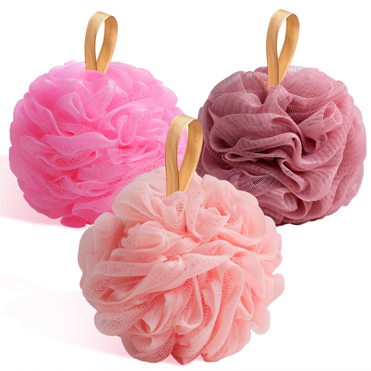 Fishent 3 Pack Bath Loofah Sponge, Exfoliating Soft Mesh Shower Puffs For Women - Pink-Peach-Coral