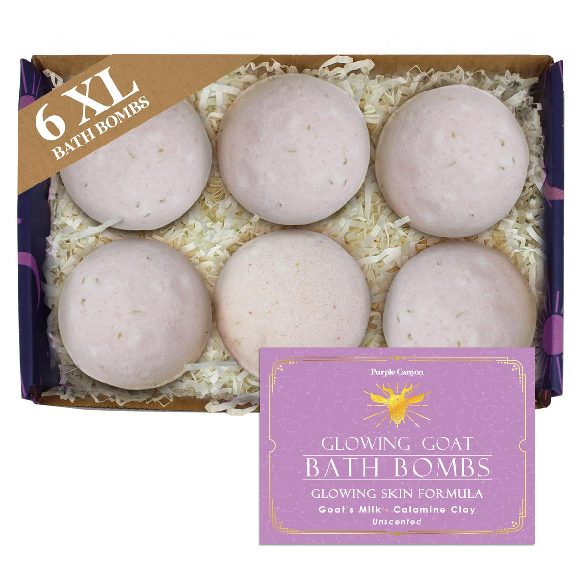 Purple Canyon Bath Bombs - Skin Moisturizing Goat Milk & Pink Calamine Clay, 6 Pack, Fragrance Free